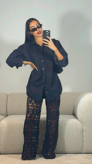 BLACK HIGH-WAIST WIDE LEG CROCHET KNIT PANTS