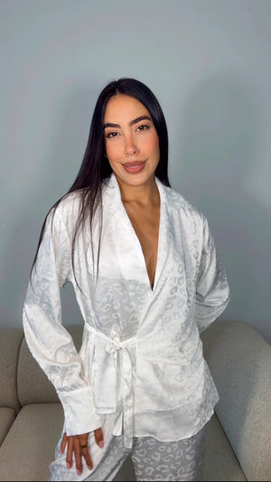 WHITE SATIN LEOPARD PRINT PANT SET
