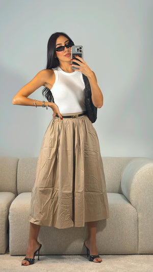 TAUPE MIDI POPLIN SKIRT
