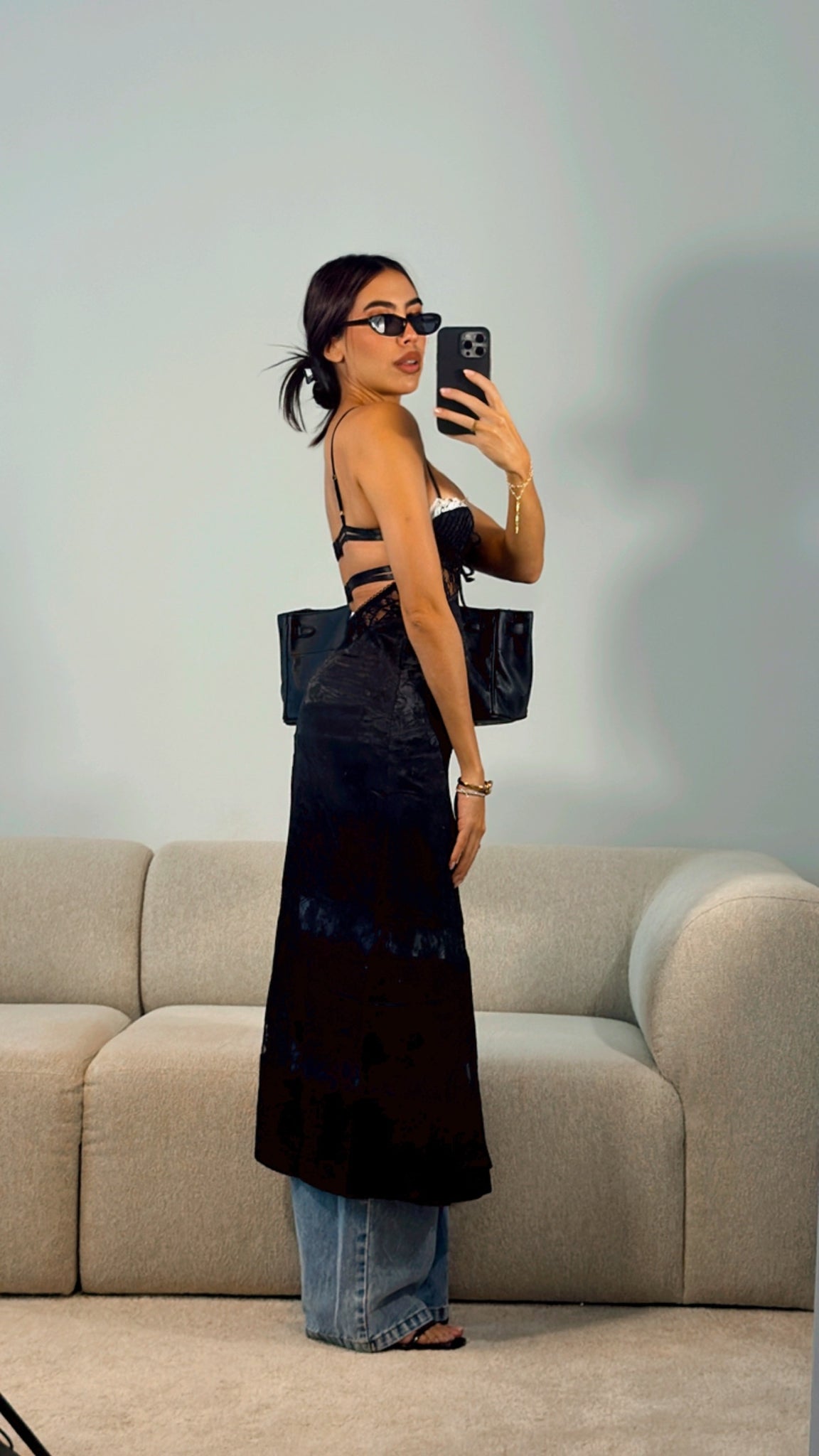 BLACK SATIN w. IVORY LACE MIDI DRESS