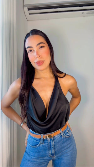 BLACK SATIN COWL HALTER TOP