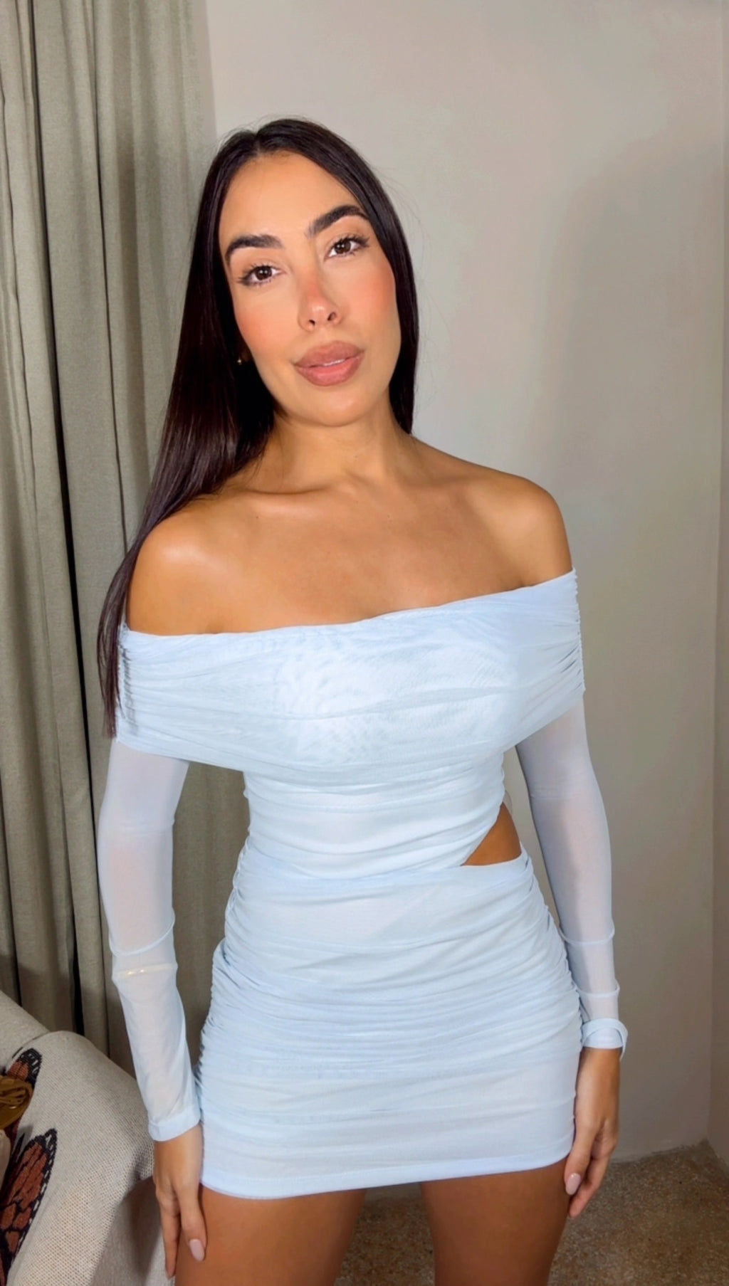 POWDER BLUE MESH OFF SHOULDER DRESS