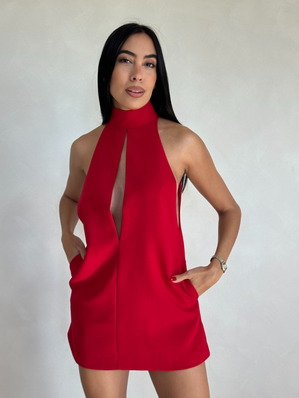 RED TURTLE NECK CUTOUT DRESS