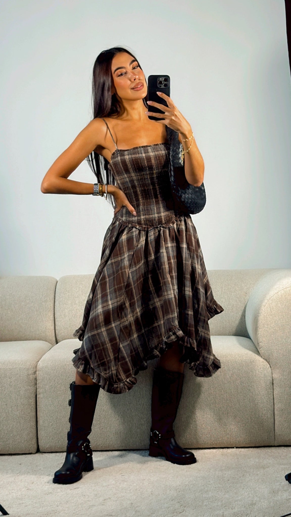 BROWN RUFFLE HEM PLAID DRESS