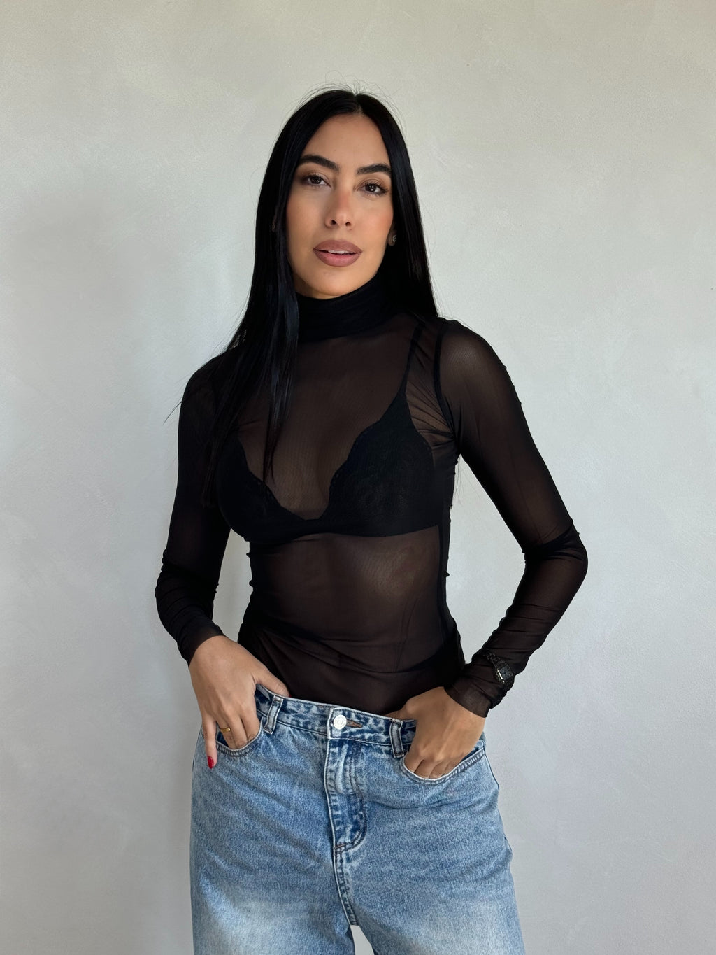 BLACK MESH TURTLE NECK TOP