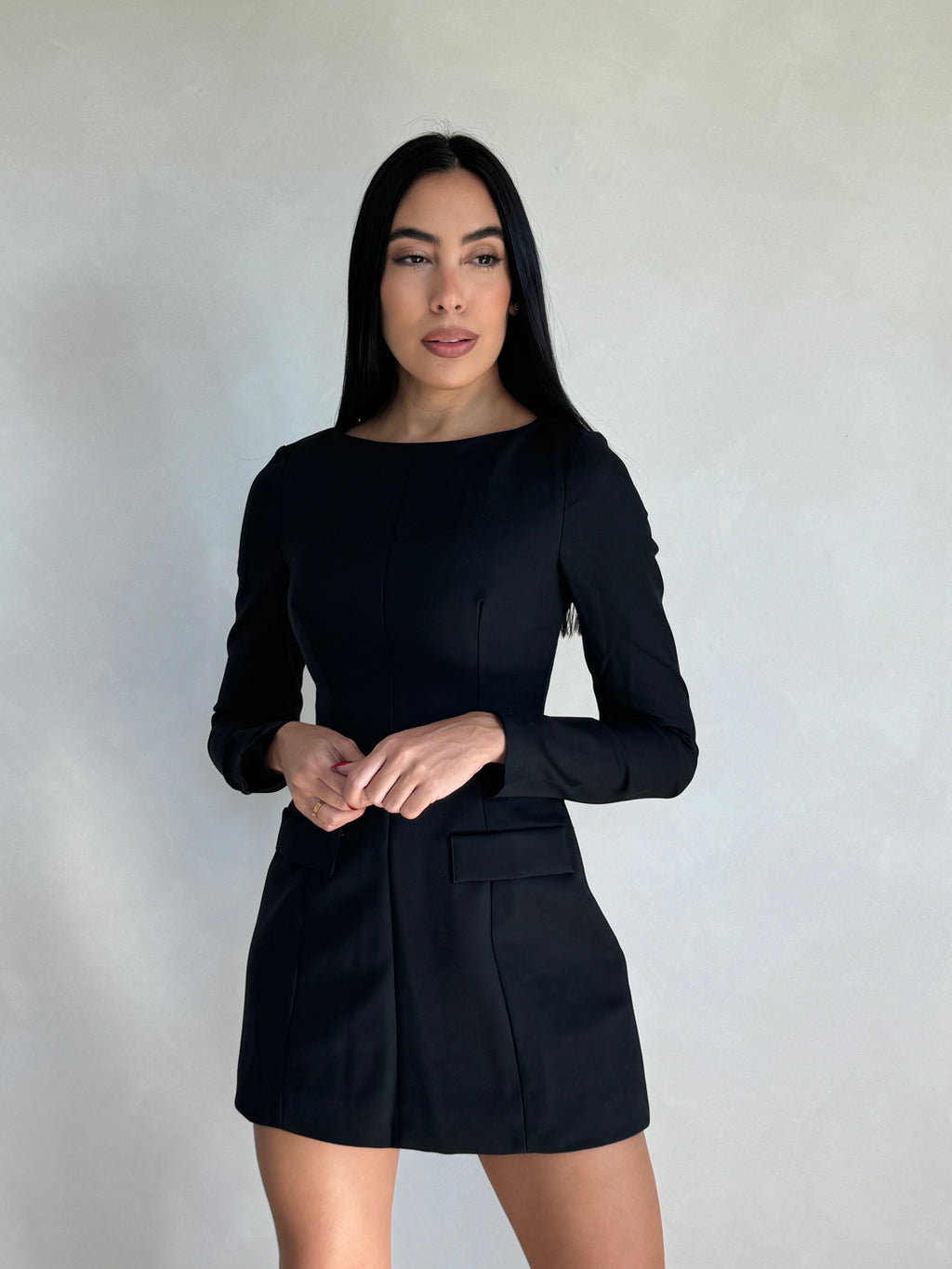 BLACK BOAT NECK A-LINE DRESS