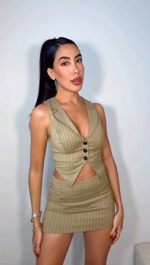 TAUPE PINSTRIPES MINI SKIRT SET