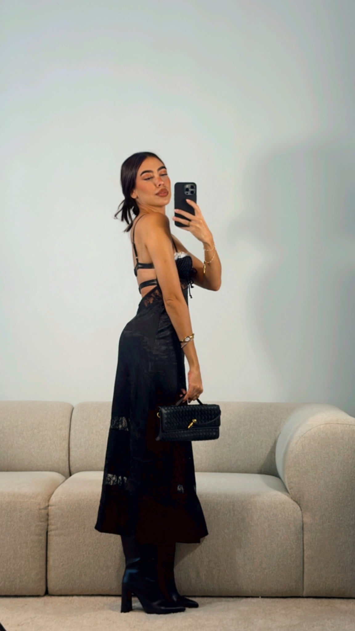 BLACK SATIN w. IVORY LACE MIDI DRESS