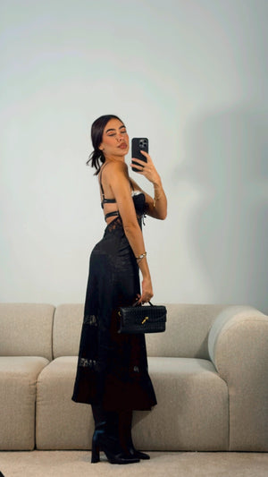 BLACK SATIN w. IVORY LACE MIDI DRESS