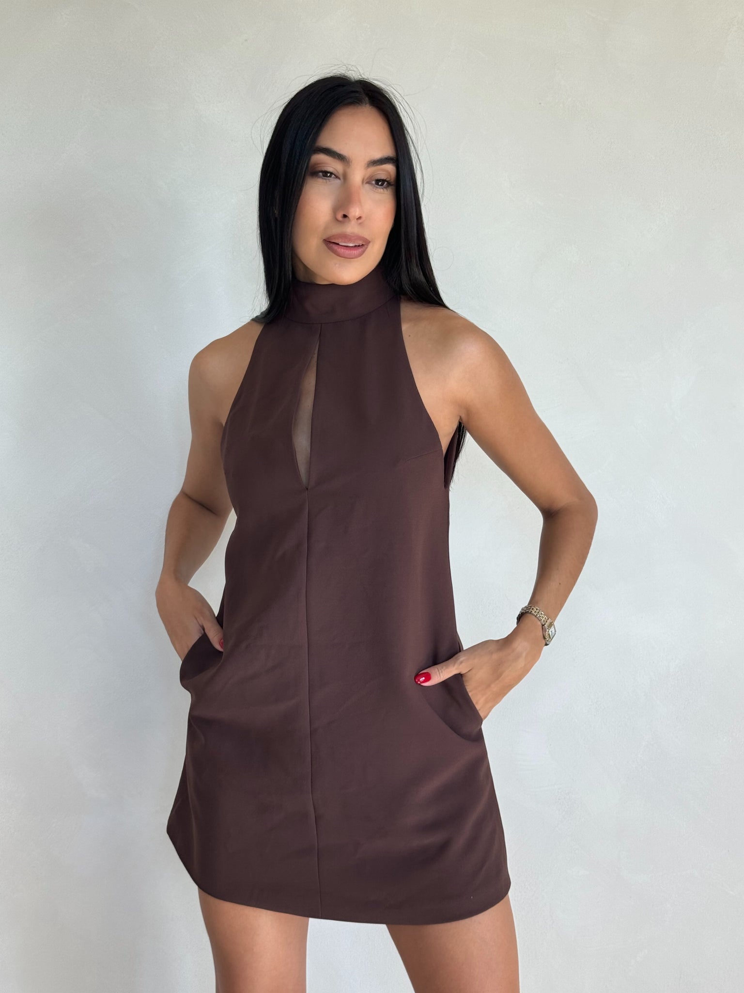 CHOCOLATE TURTLE NECK CUTOUT DRESS