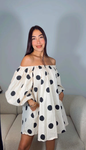 BLACK|IVORY BUBBLE SLEEVES DRESS