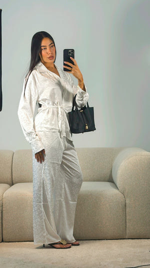 WHITE SATIN LEOPARD PRINT PANT SET