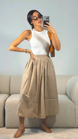TAUPE MIDI POPLIN SKIRT