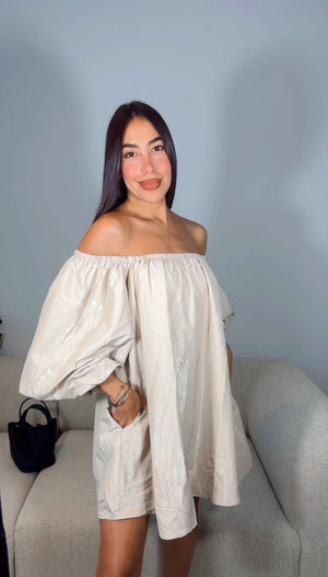 TAUPE BUBBLE SLEEVE DRESS