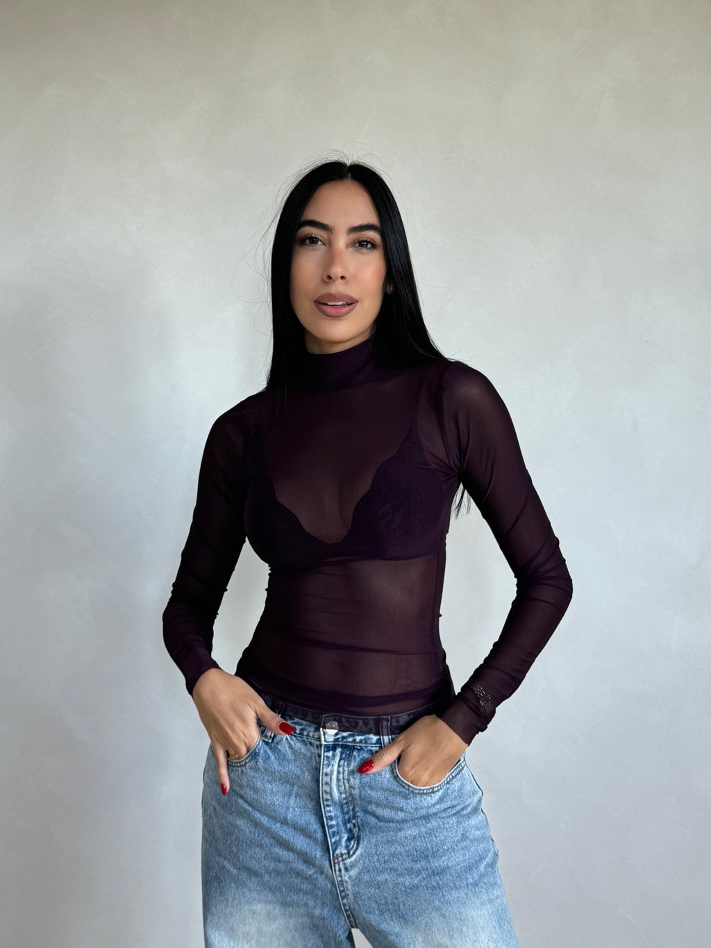 WINE TURTLE NECK MESH TOP