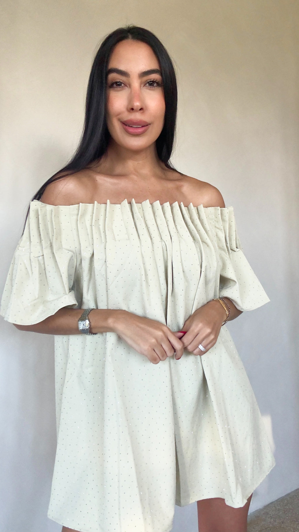 GREIGE OFFSHOULDER DRESS
