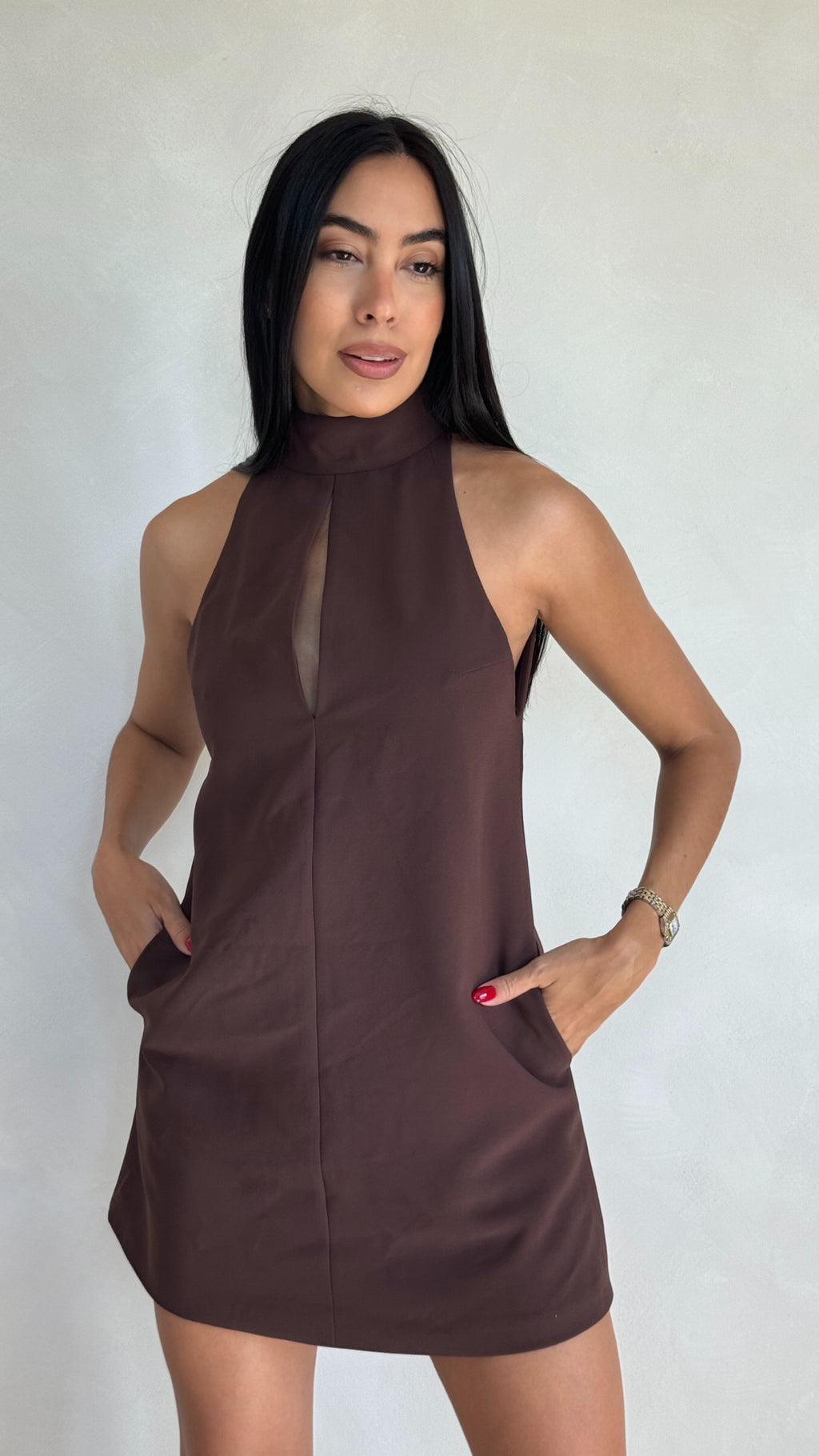 CHOCOLATE TURTLE NECK CUTOUT DRESS