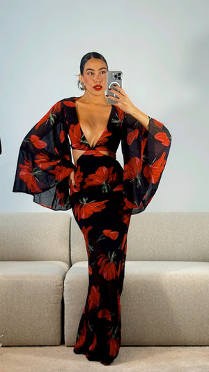 RED FLOWER MAXI DRESS