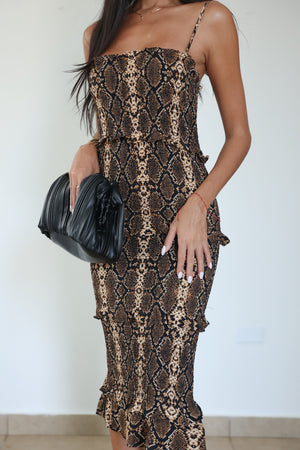 SMOCKED SNAKE MIDI DRESS