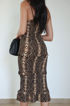 SMOCKED SNAKE MIDI DRESS